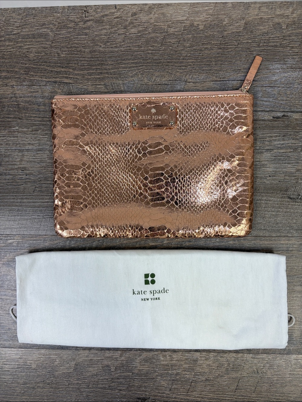 Kate Spade Metallic Rose Gold Snakeskin Embossed Zip Clutch